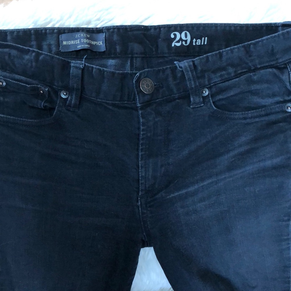 J. Crew mid rise toothpick jeans.